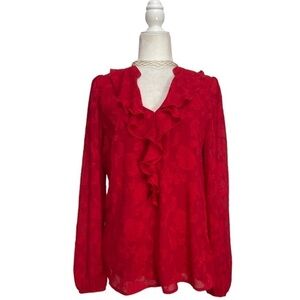 Tamara H Embossed Floral V neck Ruffle Blouse NWT